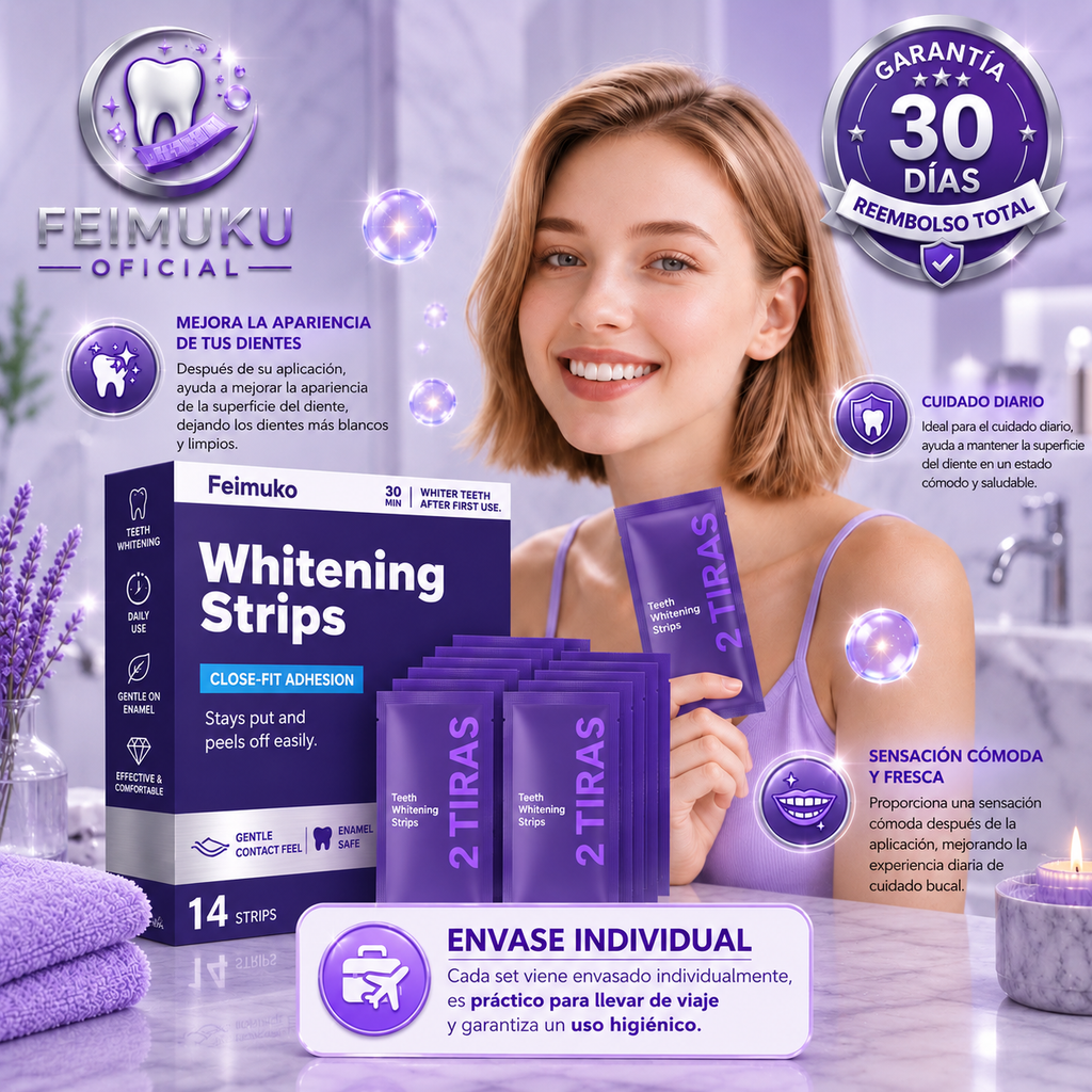 Tiras Blanqueadoras Dentales Feimuko™ – Sonrisa Más Blanca en 30 Minutos