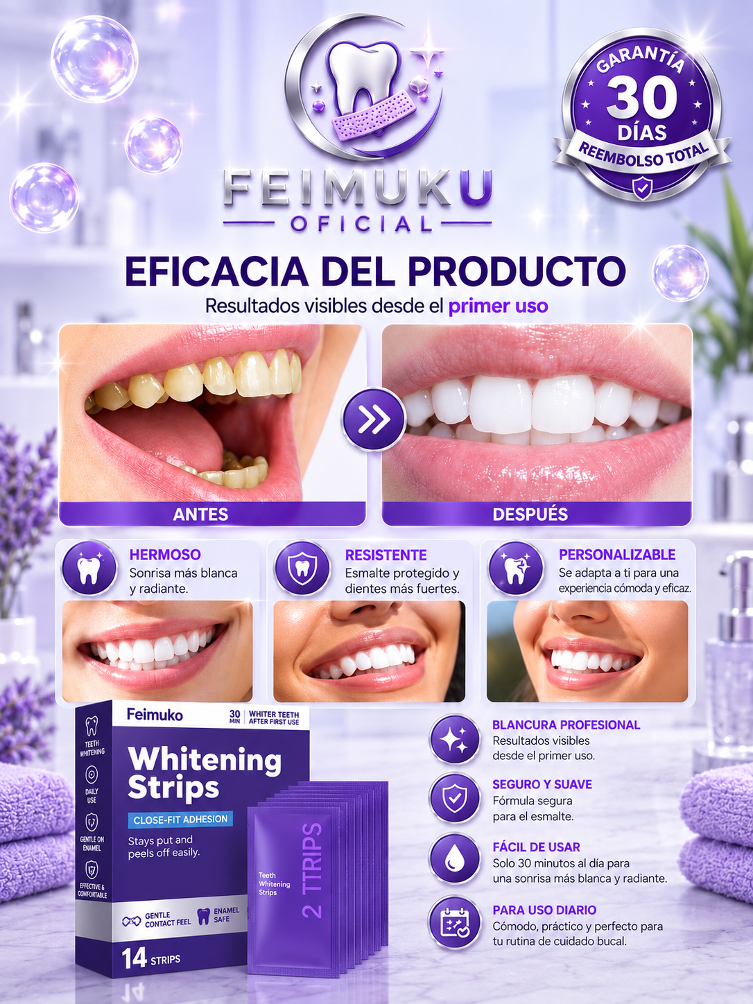 Tiras Blanqueadoras Dentales Feimuko™ – Sonrisa Más Blanca en 30 Minutos