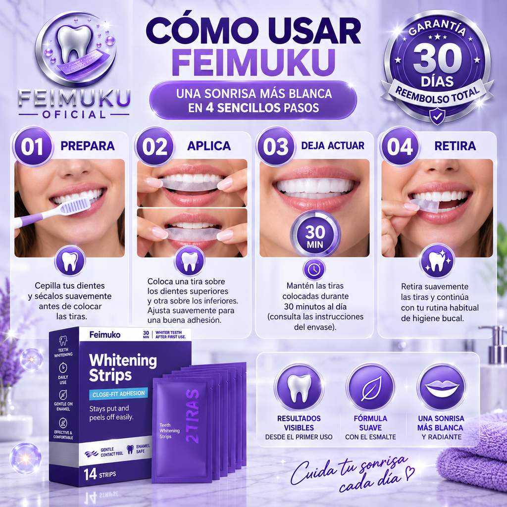 Tiras Blanqueadoras Dentales Feimuko™ – Sonrisa Más Blanca en 30 Minutos